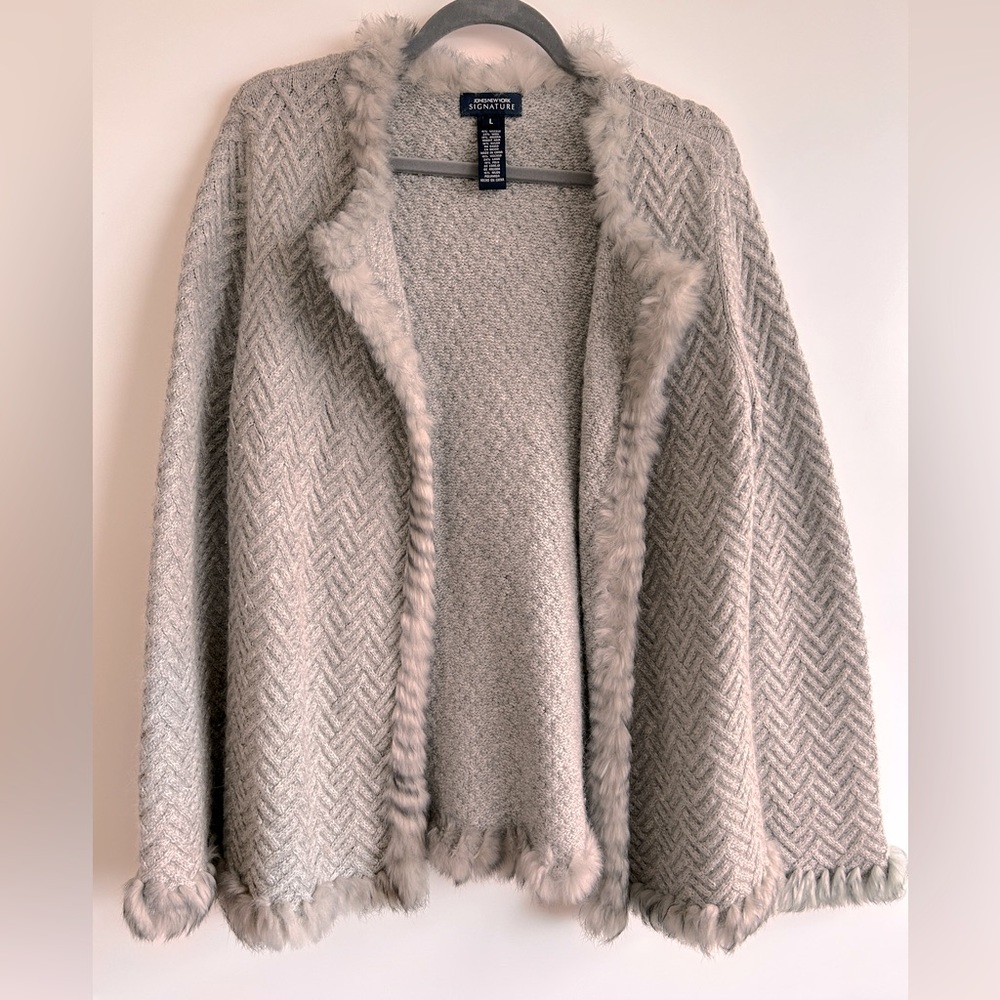 Grey Wool Cardigan with Fur Trim sz L